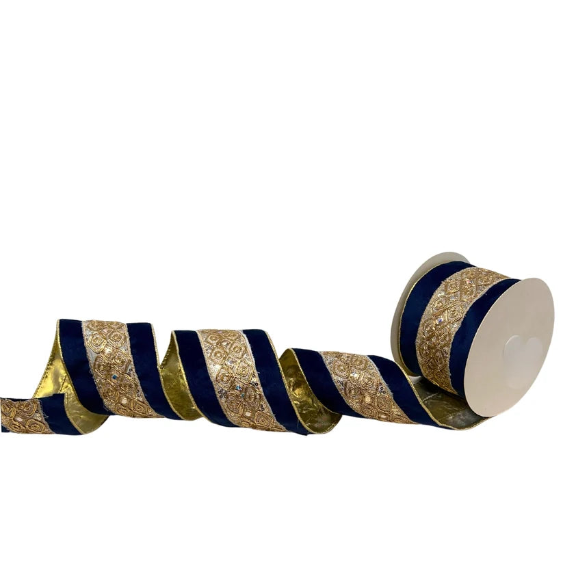 David Christopher's 4 Inch By 10 Yard Soft Blue Embossed Trim With Gold Black Ribbon
