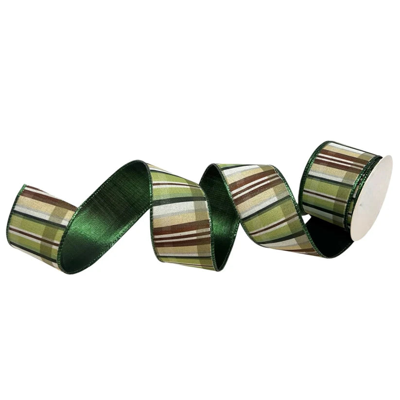 David Christopher's 2.5 Inch By 10 Yard Shades Of Green With Brown Plaid Ribbon
