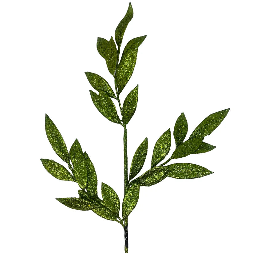 29 Inch Apple Green Glitter Bay Leaf Spray