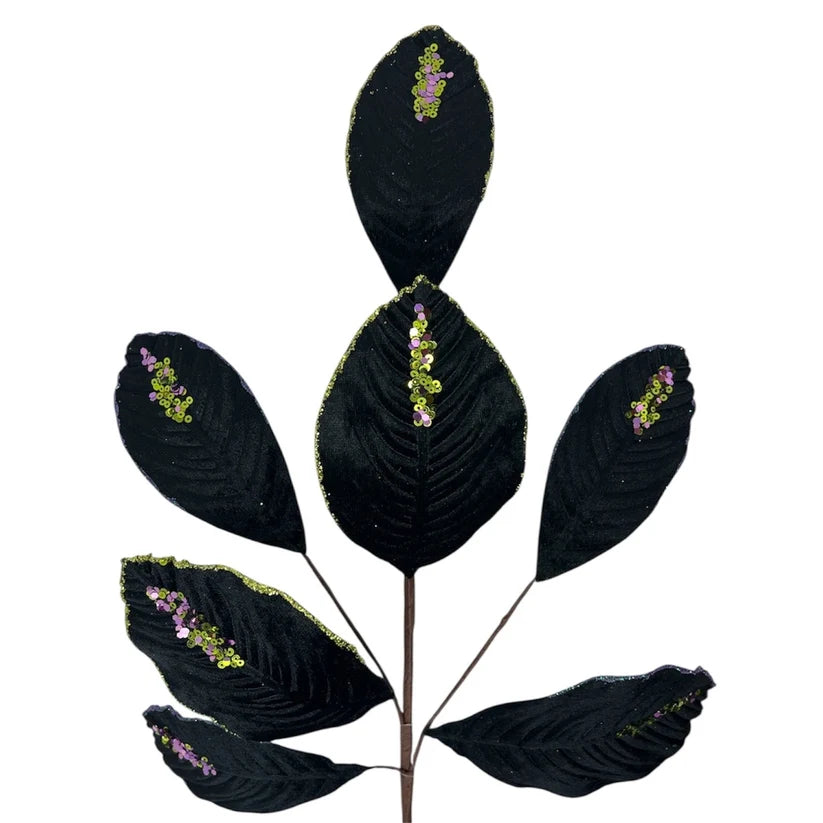 26 Inch Black Velvet Sequin Magnolia Leaf Spray