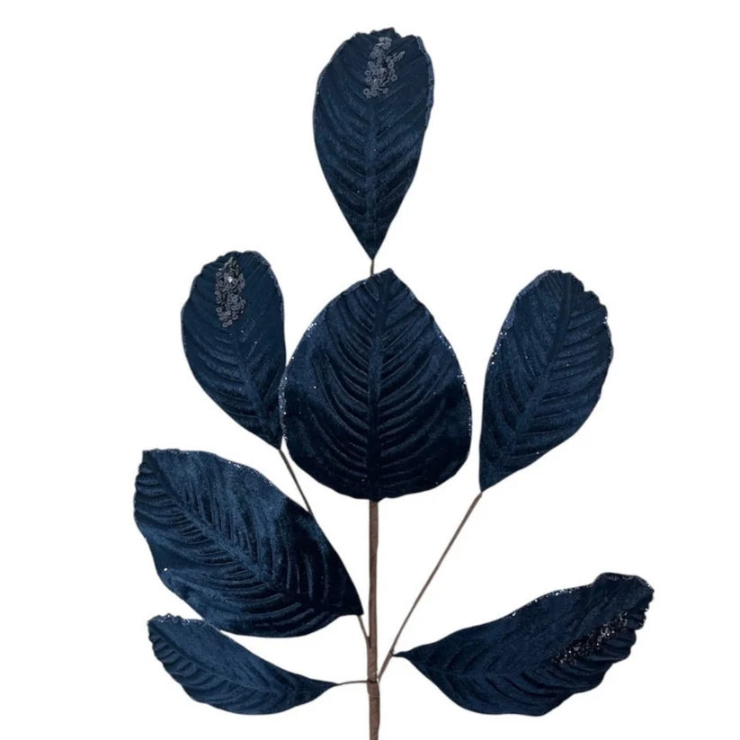 26 Inch Navy Velvet Sequin Magnolia Leaf Spray