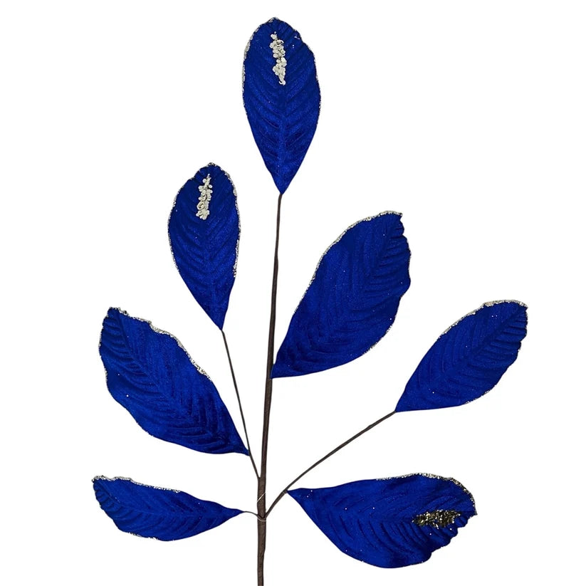 26 Inch Royal Blue Velvet Sequin Magnolia Leaf Spray