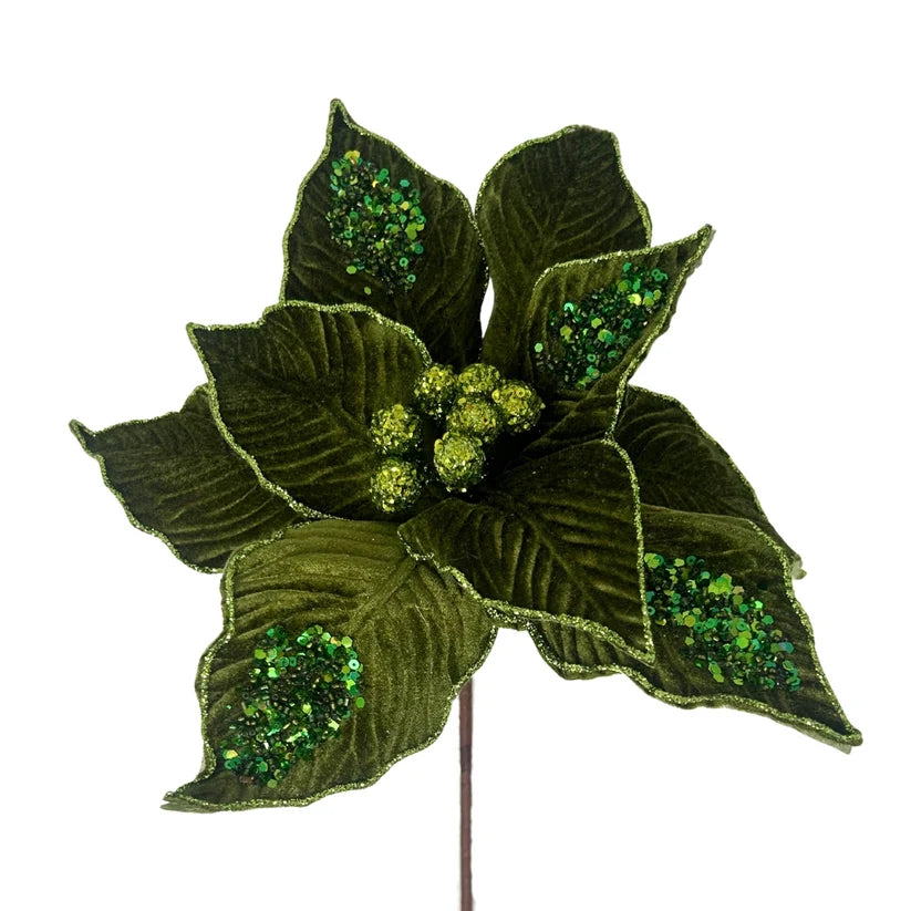 22 Inch Olive Velvet Sequined Poinsettia Stem