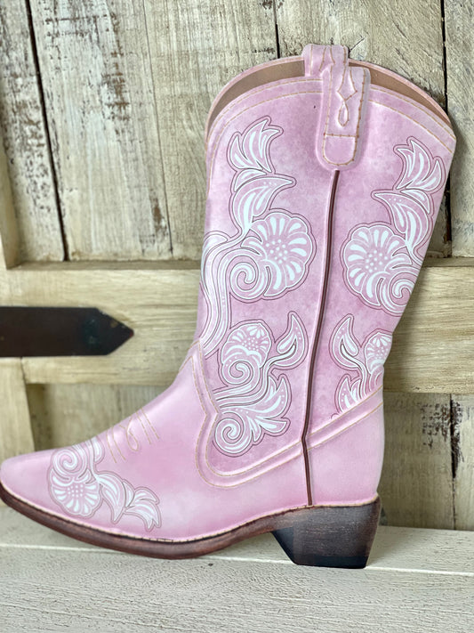 Embossed Pink Floral Cowboy Boot Sign