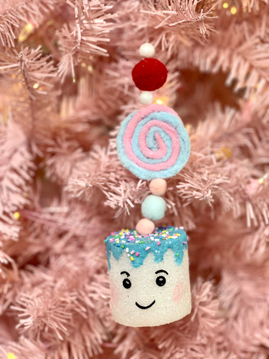 Happy Marshmallow Confection Blue Chenille Icing Ornament