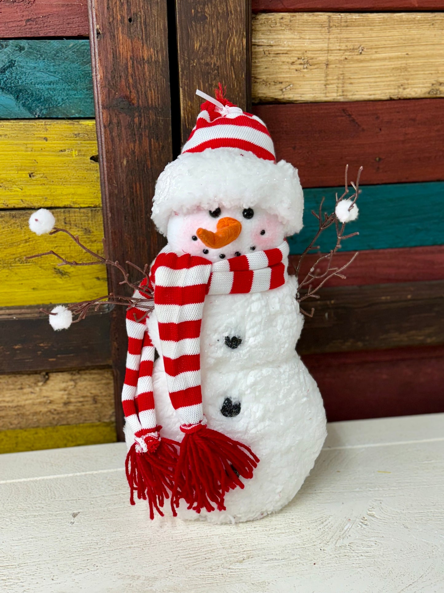 15.7 Inch Snowman With Red And White Striped Hat And Scarf