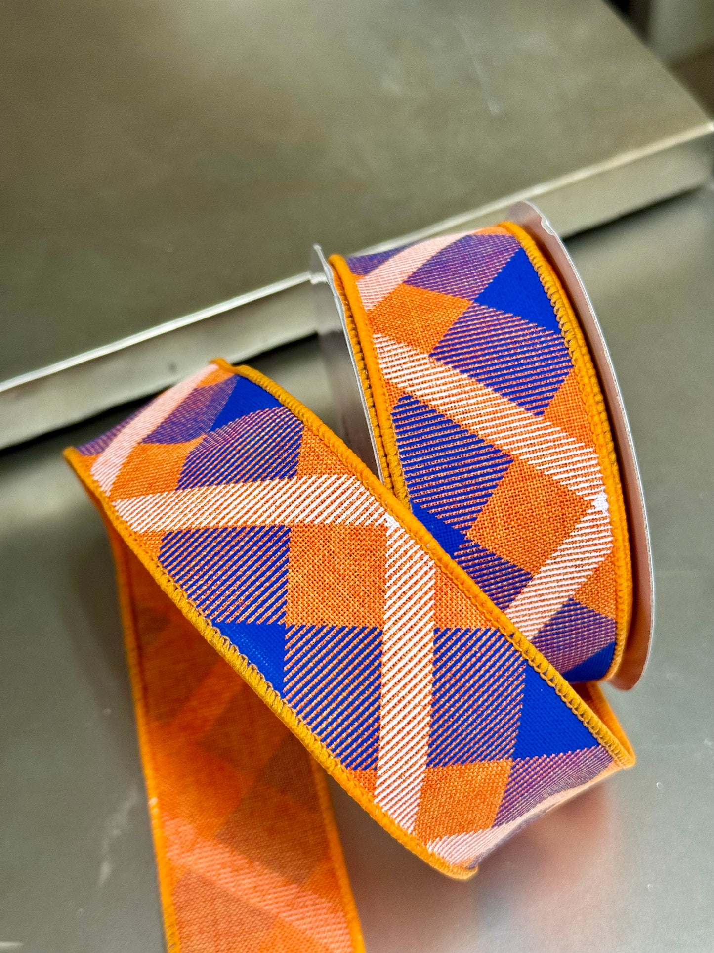 1.5 Inch By 10 Yard Orange And Royal Blue Printed Plaid Ribbon