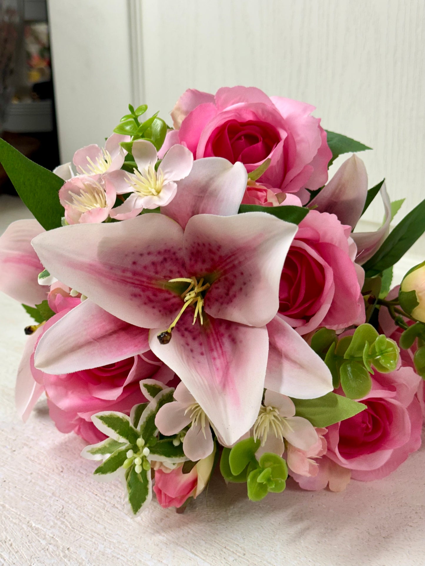 21 Inch Hot Pink Rose Lily Mix Floral Bush