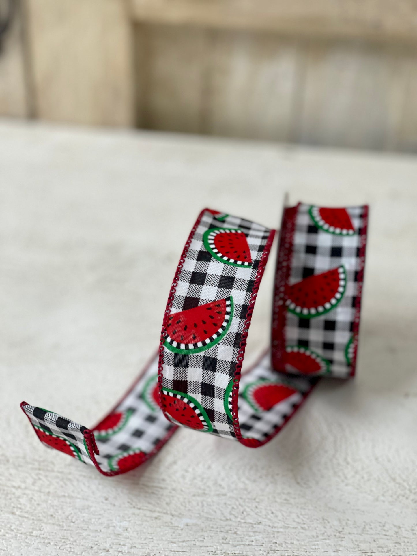 1.5 Inch By 10 Yard Black And White Buffalo Plaid With Watermelon Slices Ribbon