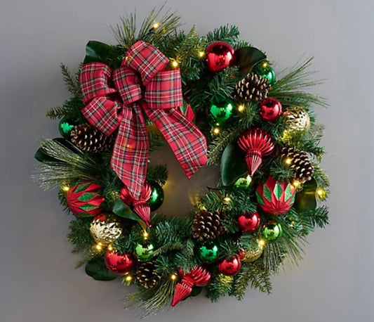 Scott Living 30 Inch Oversized LED Ornament Wreath with Bow Red And Green