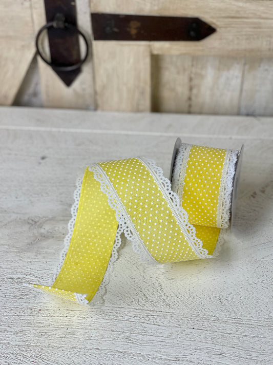 2.5 Inch By 10 Yard Yellow Polka Dots With Laced Edged Ribbon