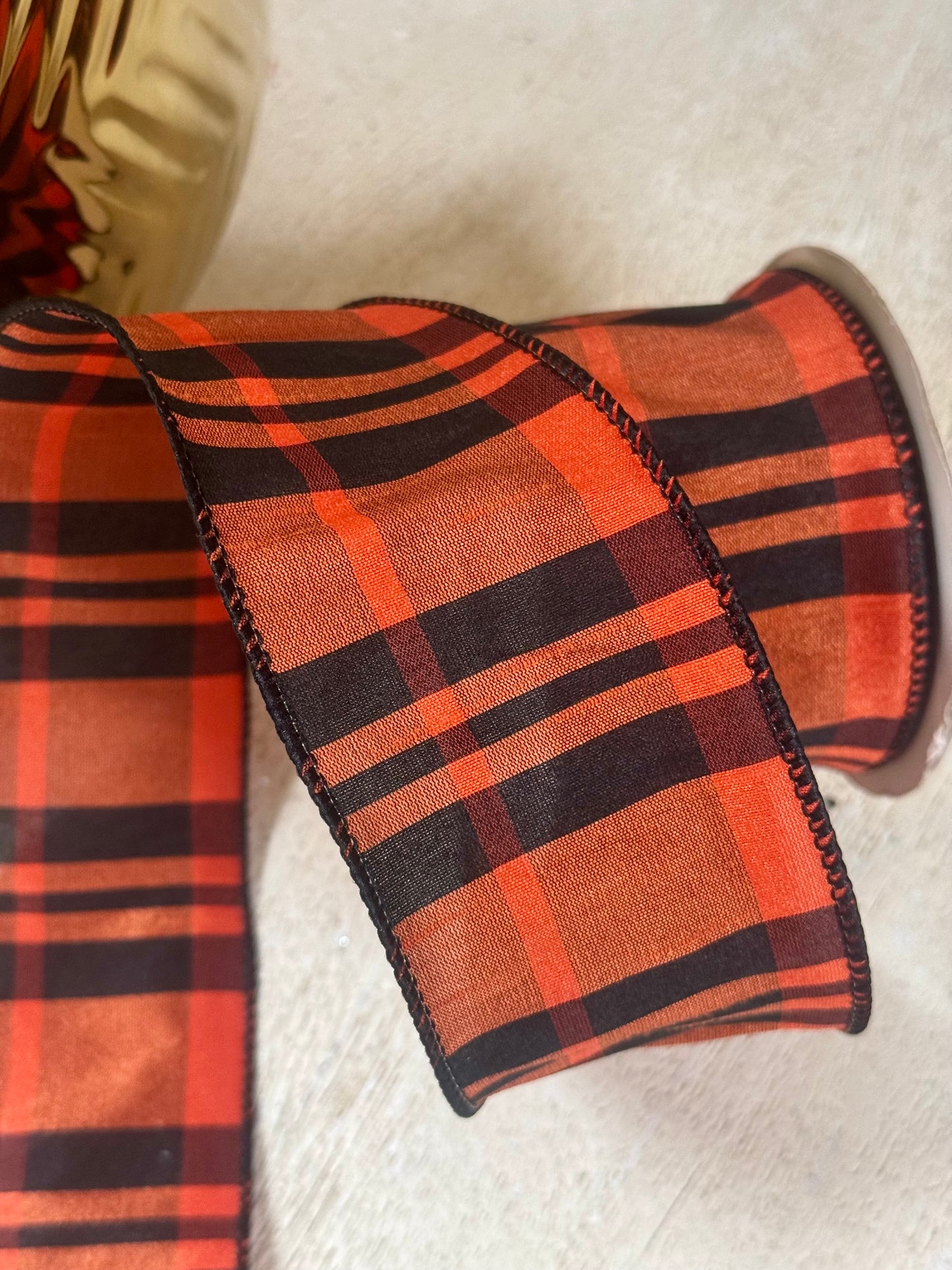 2.5 Inch By 10 Yard Black And Burnt Orange Dupioni Plaid Ribbon