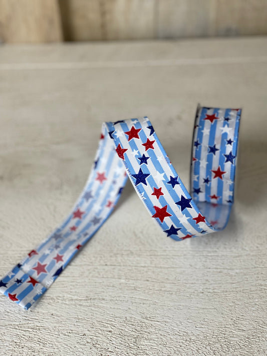 1.5 Inch By 10 Yard Blue And White Striped Ribbon With Glitter Stars Ribbon