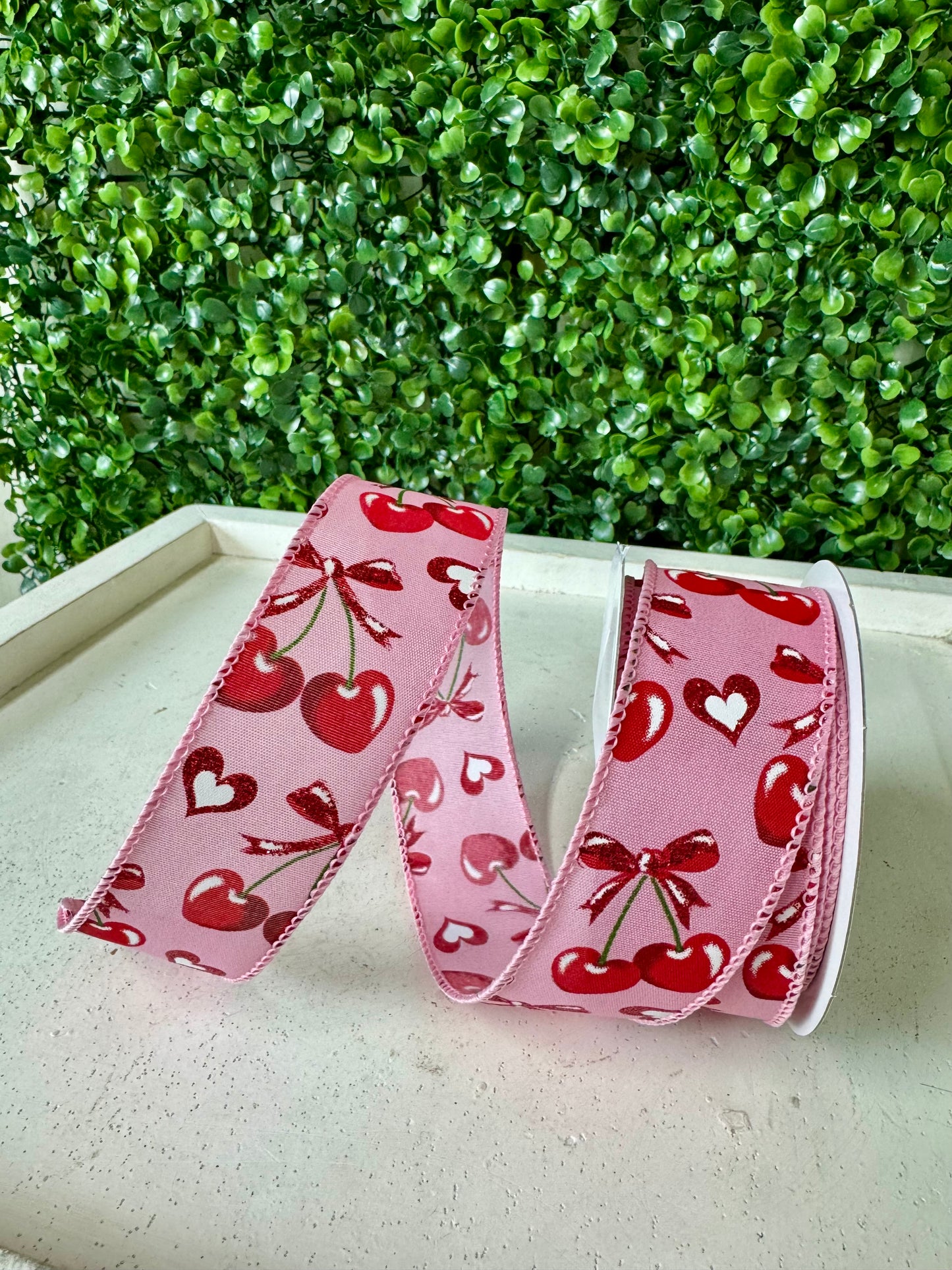 1.5 Inch By 10 Yard Pink Red Cherry Heart Ribbon