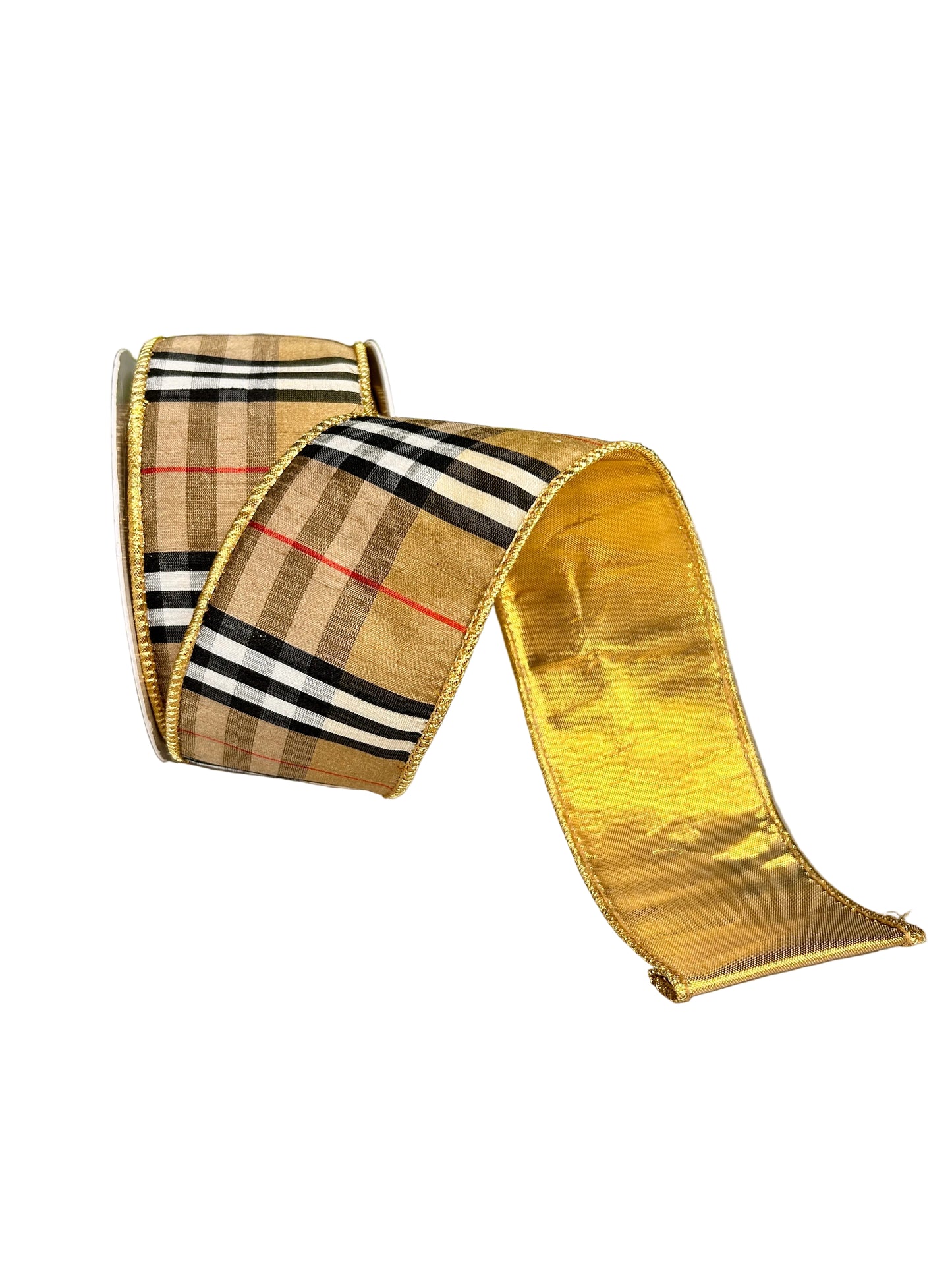 2.5 Inch By 10 Yard Black And Tan Plaid With Gold Back Ribbon