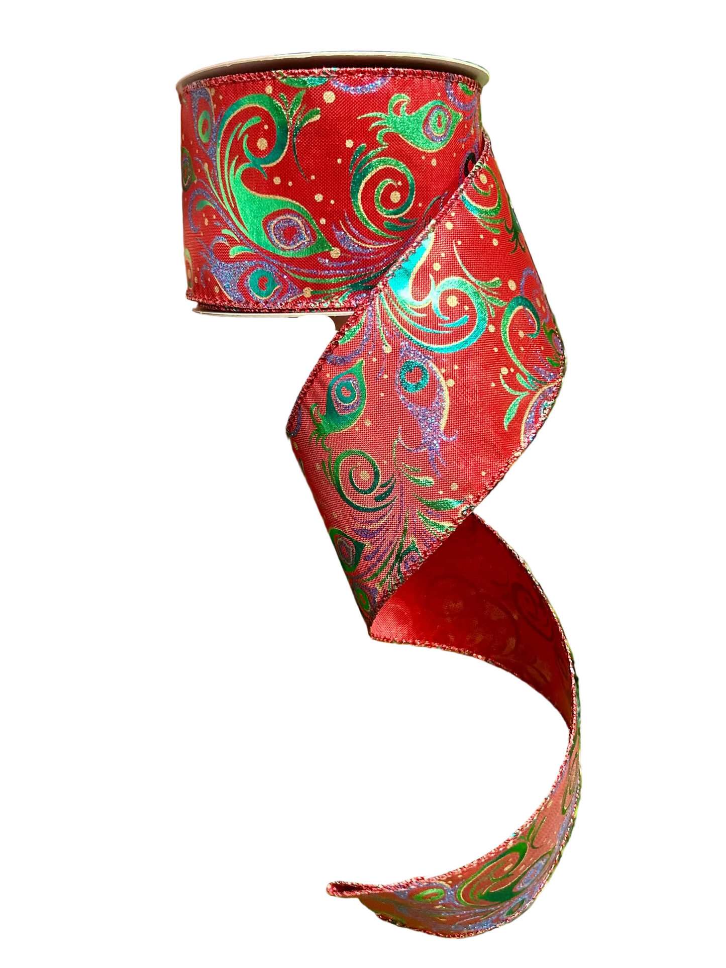 2.5 Inch By 10 Yard Peacock Swirls On Red Background Ribbon