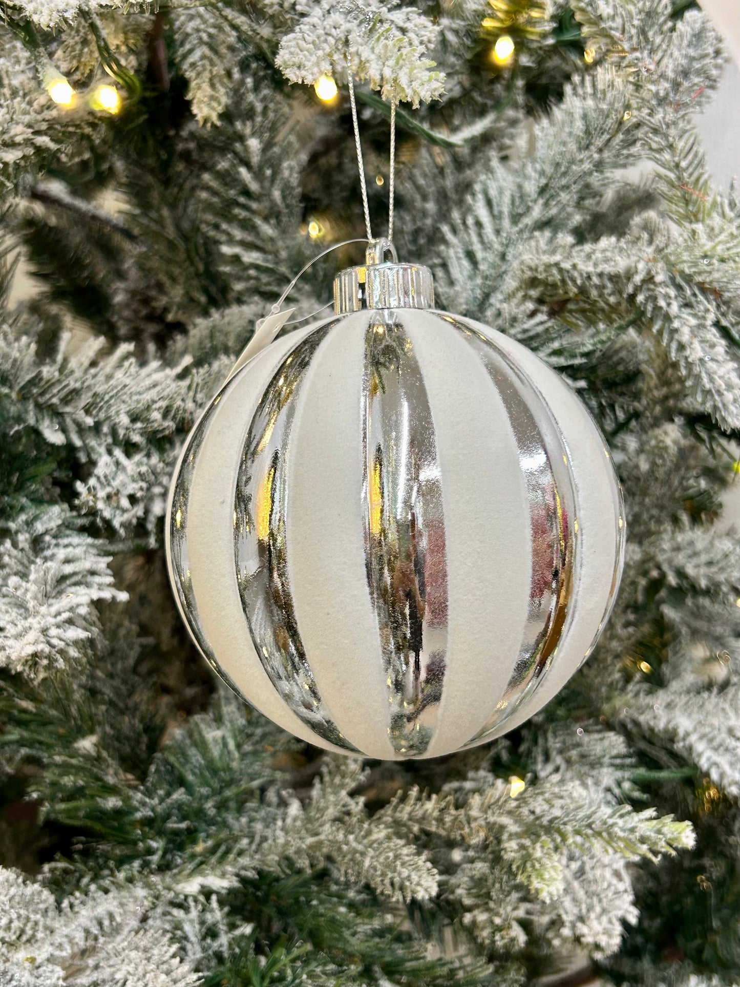 5 Inch White And Silver Stripe Ball Ornament