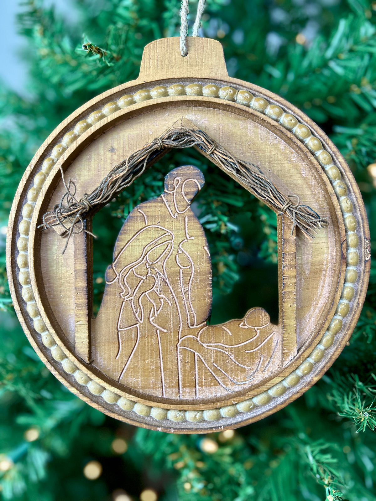 8.46 Inch Wood Engraved Holiday Nativity Design Ornament