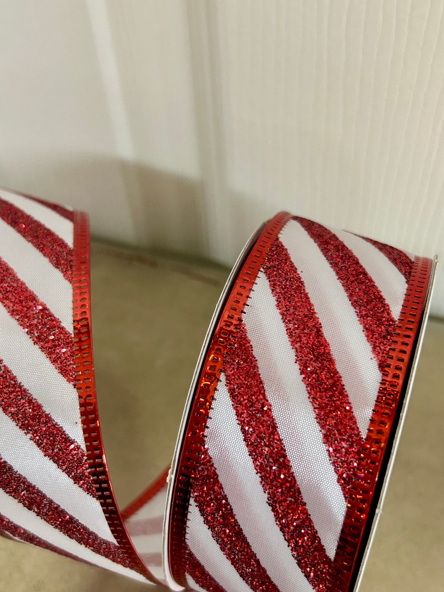 1.5 Inch By 10 Yard Red And White Glitter Candy Cane Stripe Ribbon