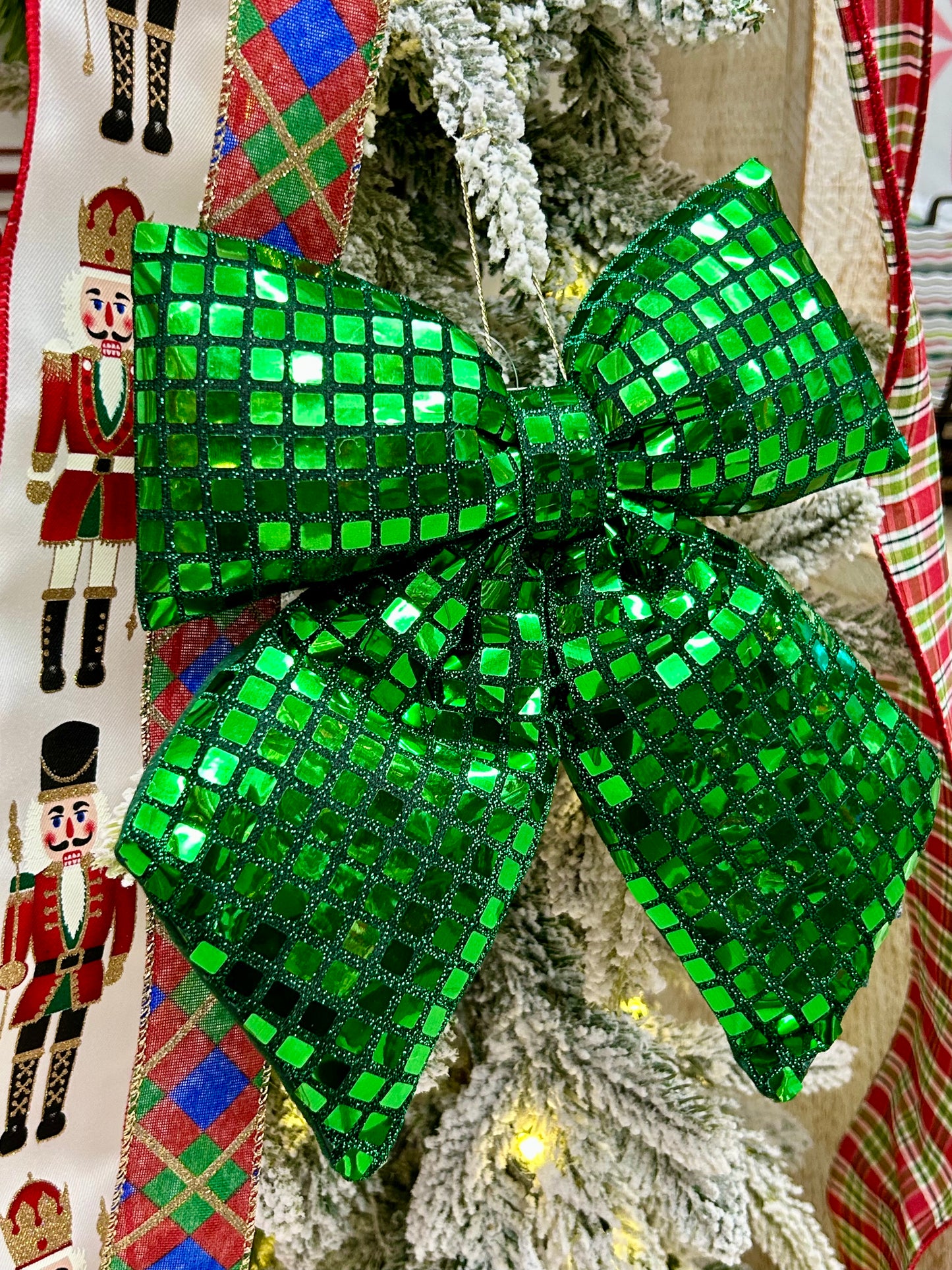 9.25 Inch Plush Dark Green Bow Ornament