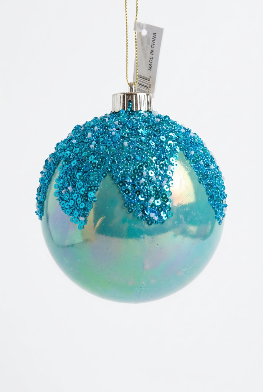5 Inch Blue Iridescent Ornament Ball With Glitter