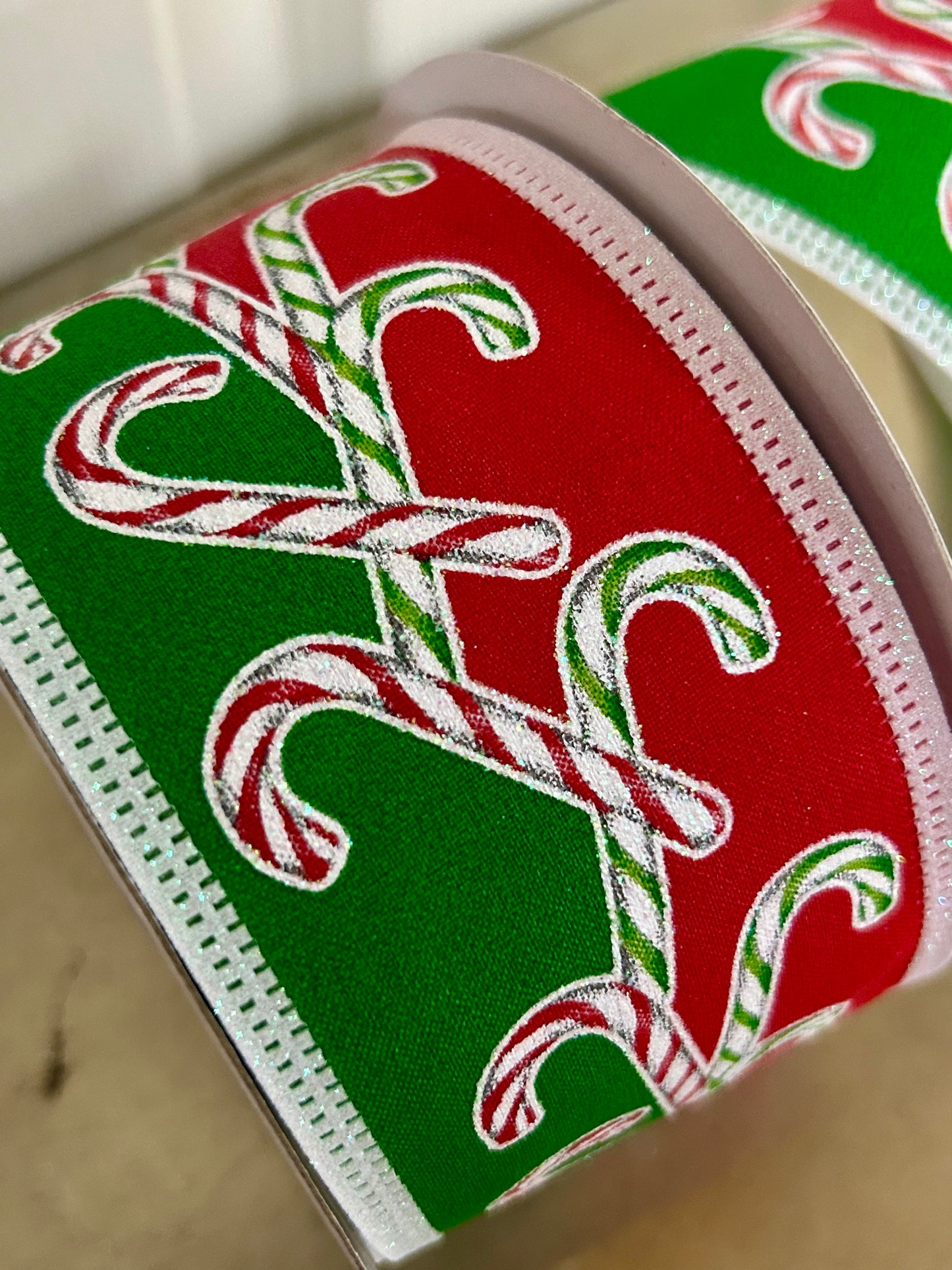 2.5 Inch By 10 Yard Red White Green Iridescent Glitter Candy Canes