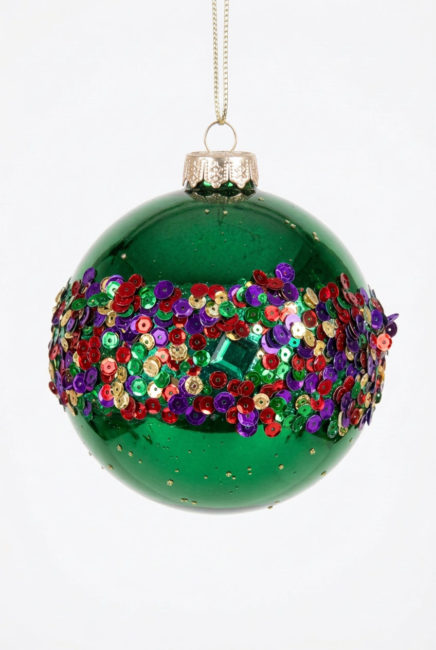 5 Inch Emerald Green With Diamond And Sequin Ornament Ball