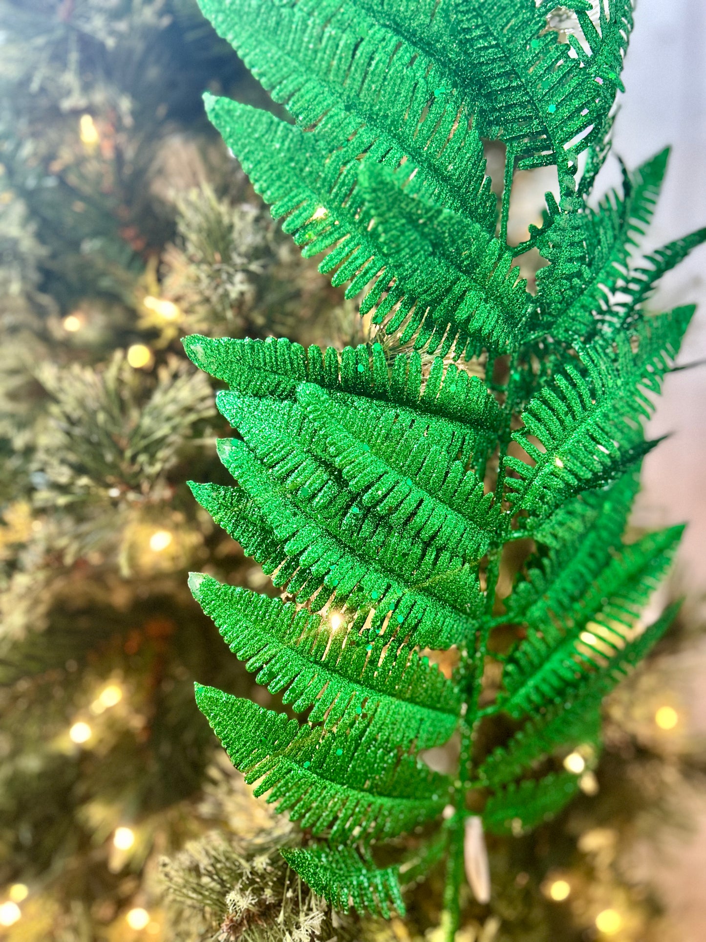 34 Inch Glitter Forest Fern Spray Dark Green