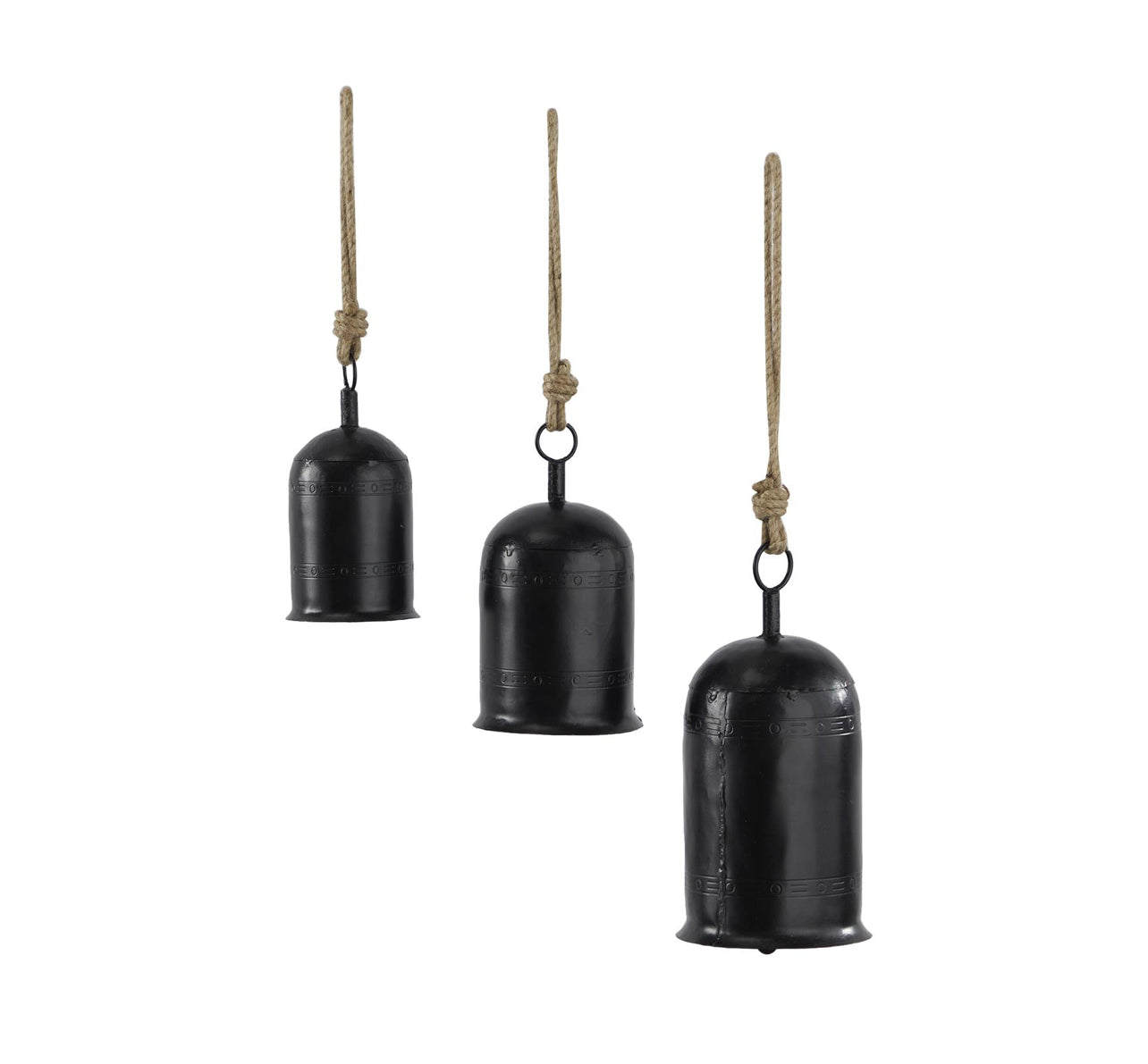 Black Metal Tibetan Inspired Indoor Outdoor Decorative Cow Bells With Jute Hanging Rope Set Of Three