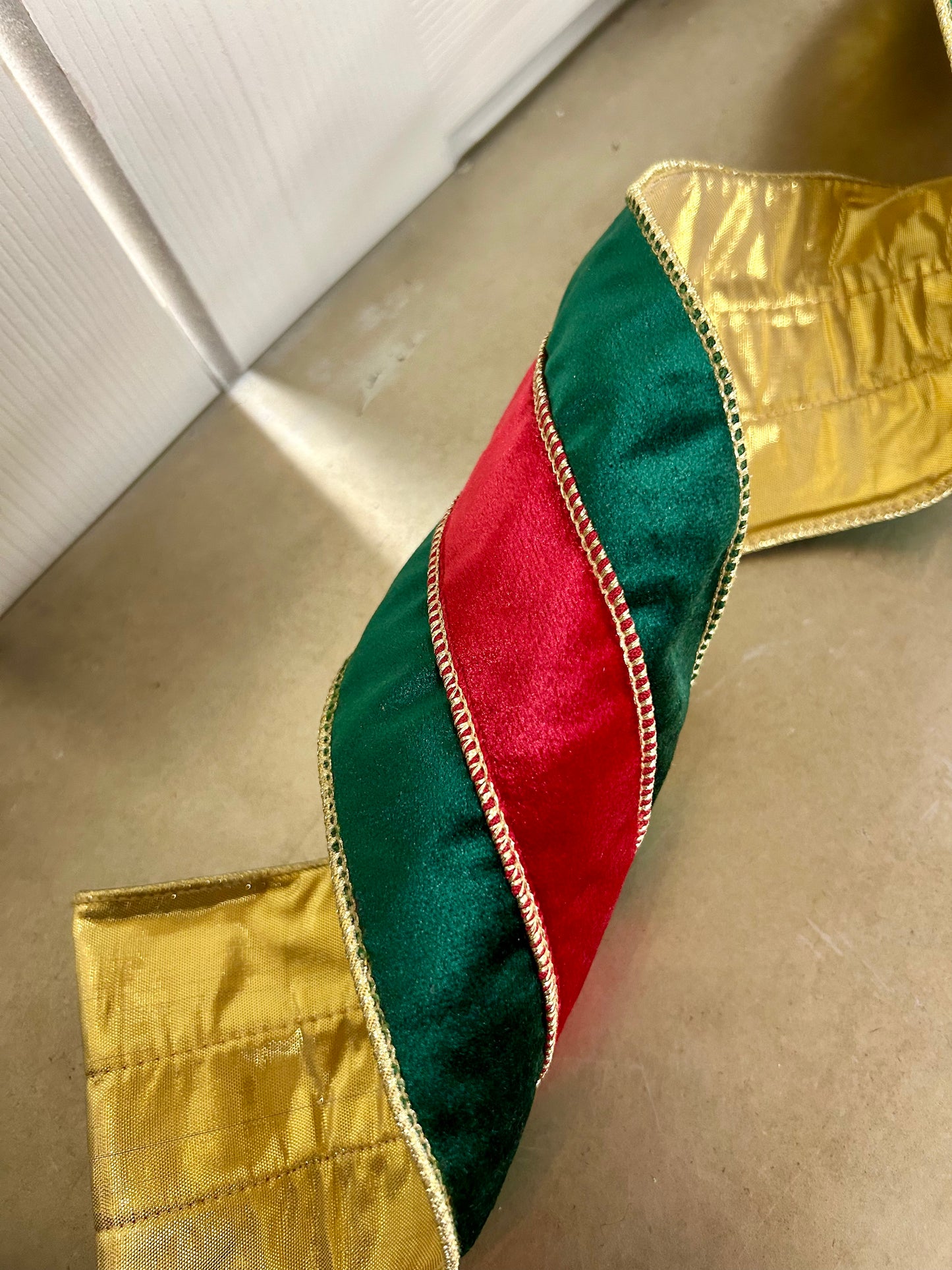 4 Inch By 10 Yard Green Velvet With Red Velvet Center With Gold Edge Ribbon