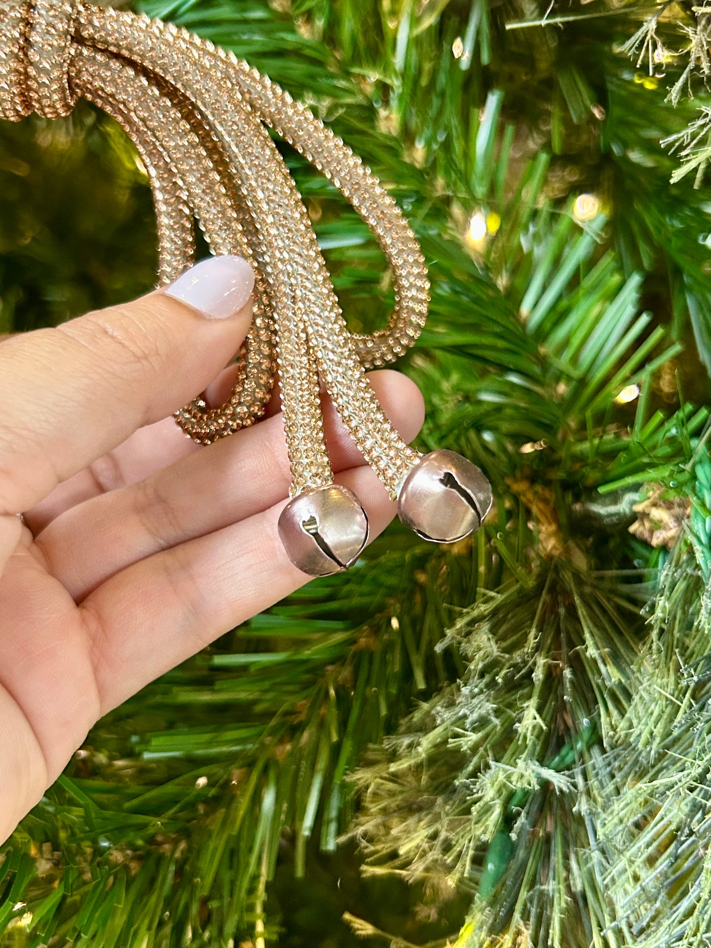 5.5 Inch Rose Gold Sparkle Bow With Bells Ornament