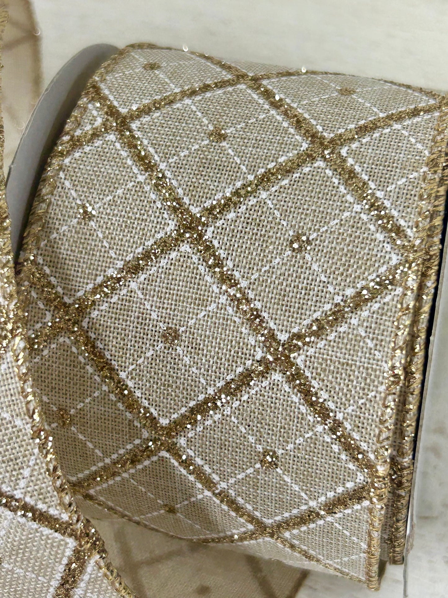 2.5 Inch By 10 Yard Champagne Gold Glitter Diagonal Plaid Ribbon
