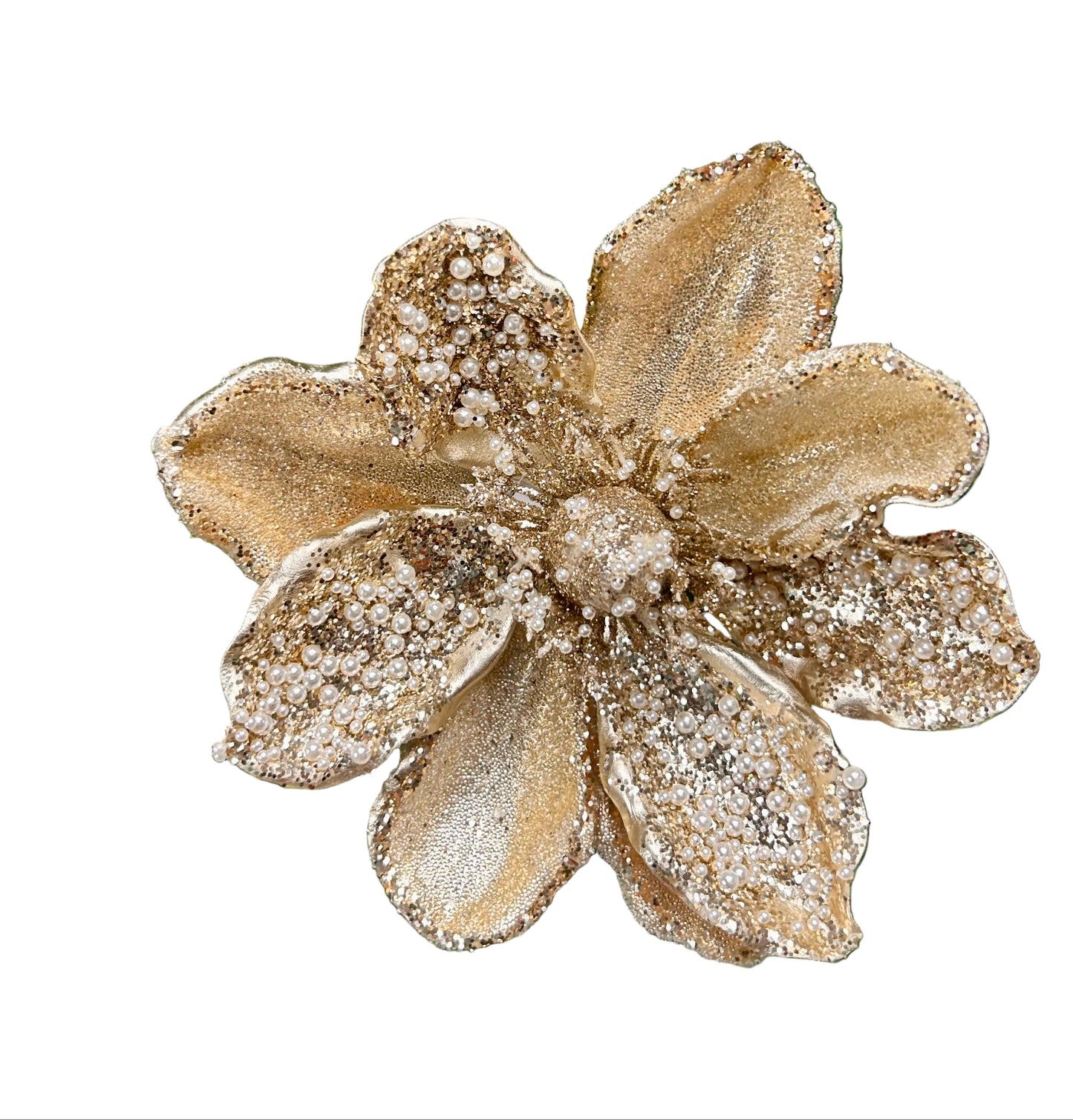 17 Inch Pearl Beaded Gold Magnolia Stem