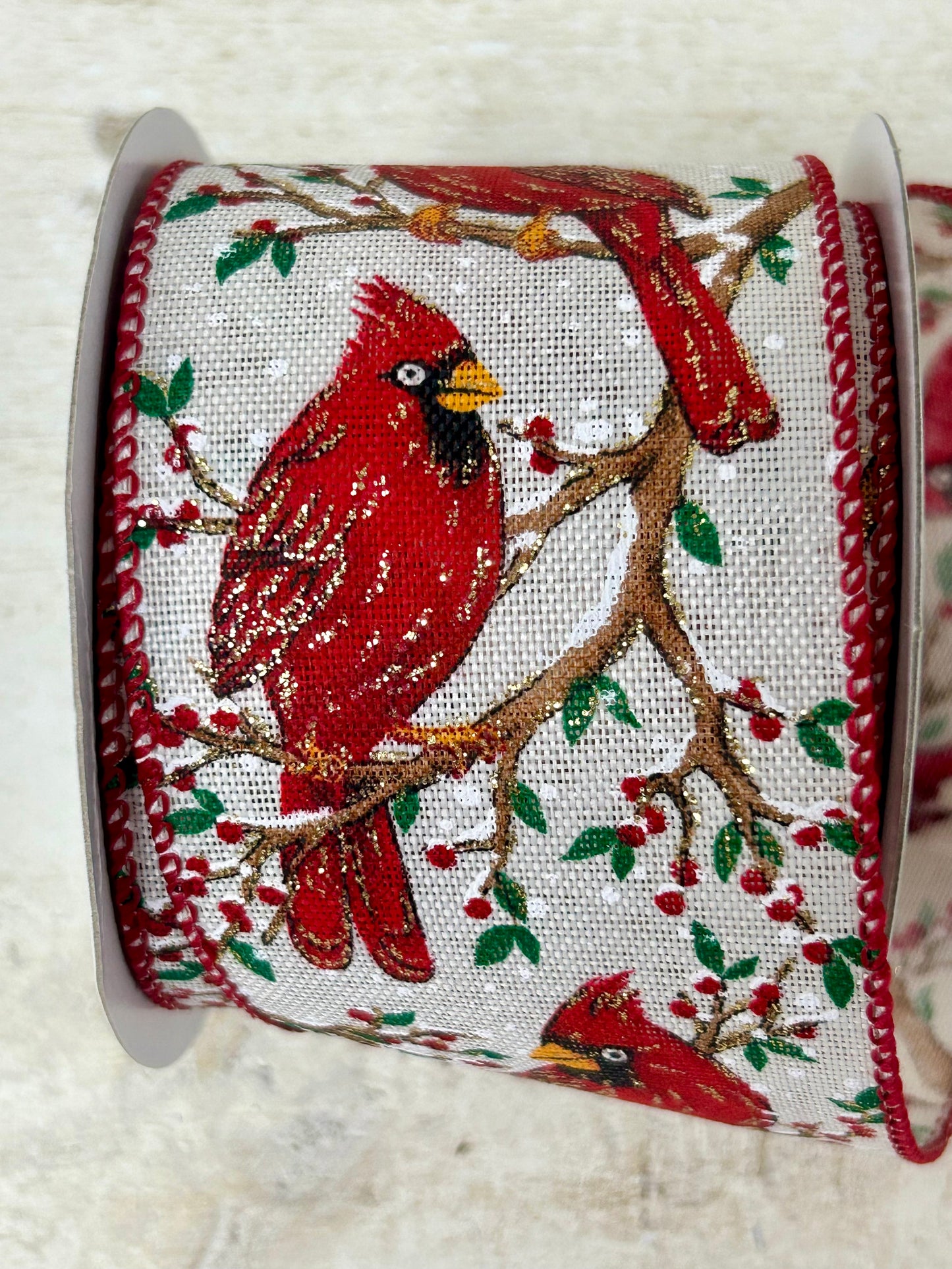 2.5 Inch By 10 Yard Red Cardinal On A Snowy Red Berry Tree With Burlap Background Red Edging Ribbon