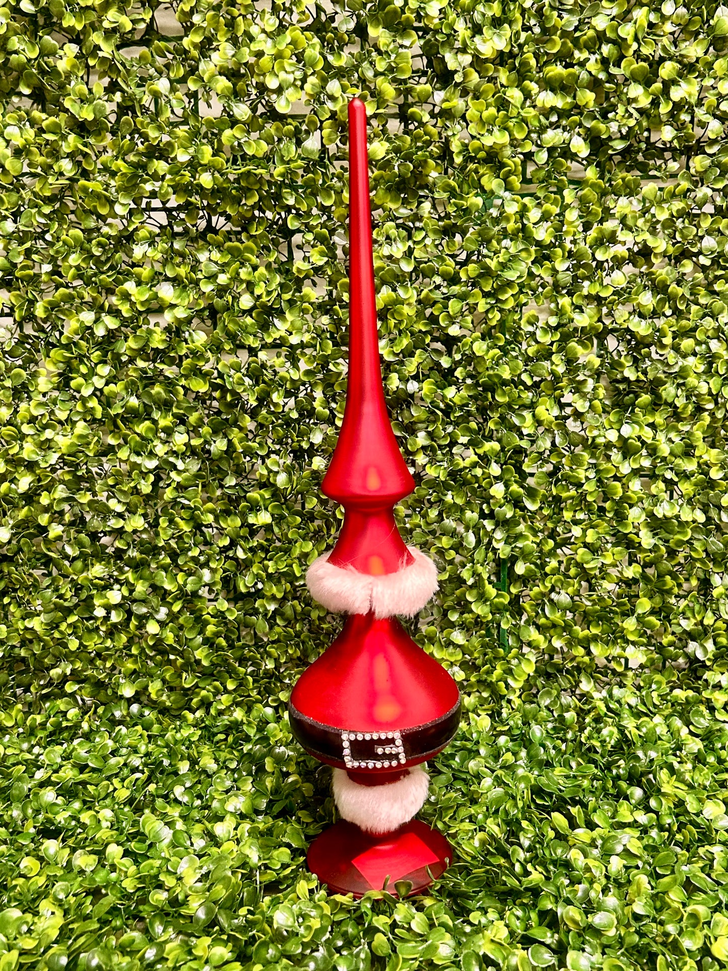 Set Of Three Red Glass Santa Belt Tabletop Finials With Fur