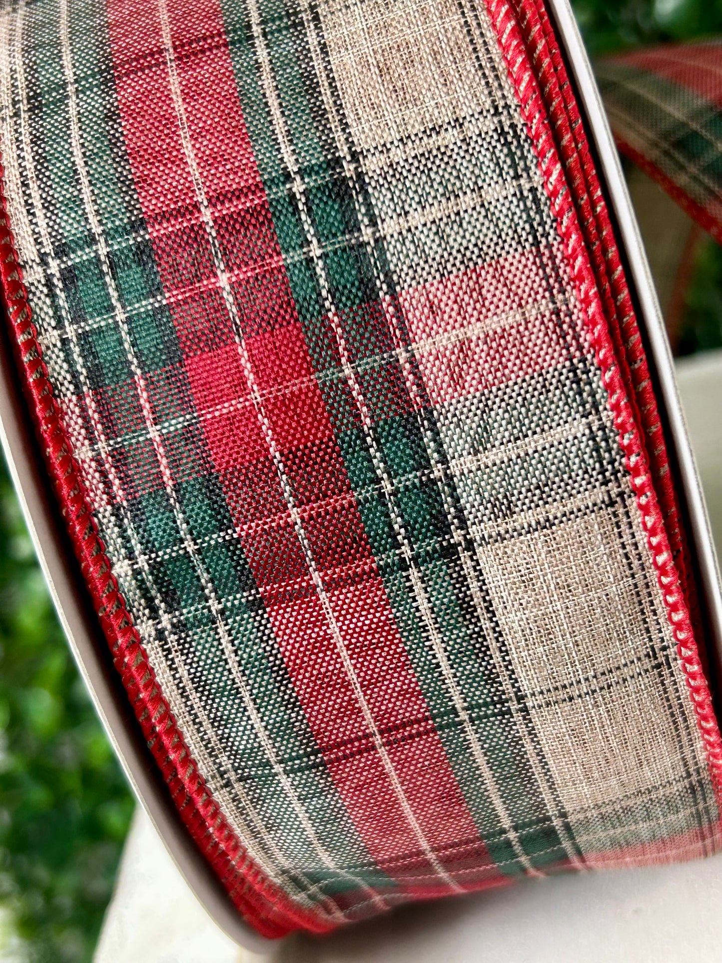 2.5 Inch By 50 Yard Natural Emerald And Dark Red Woven Plaid Ribbon