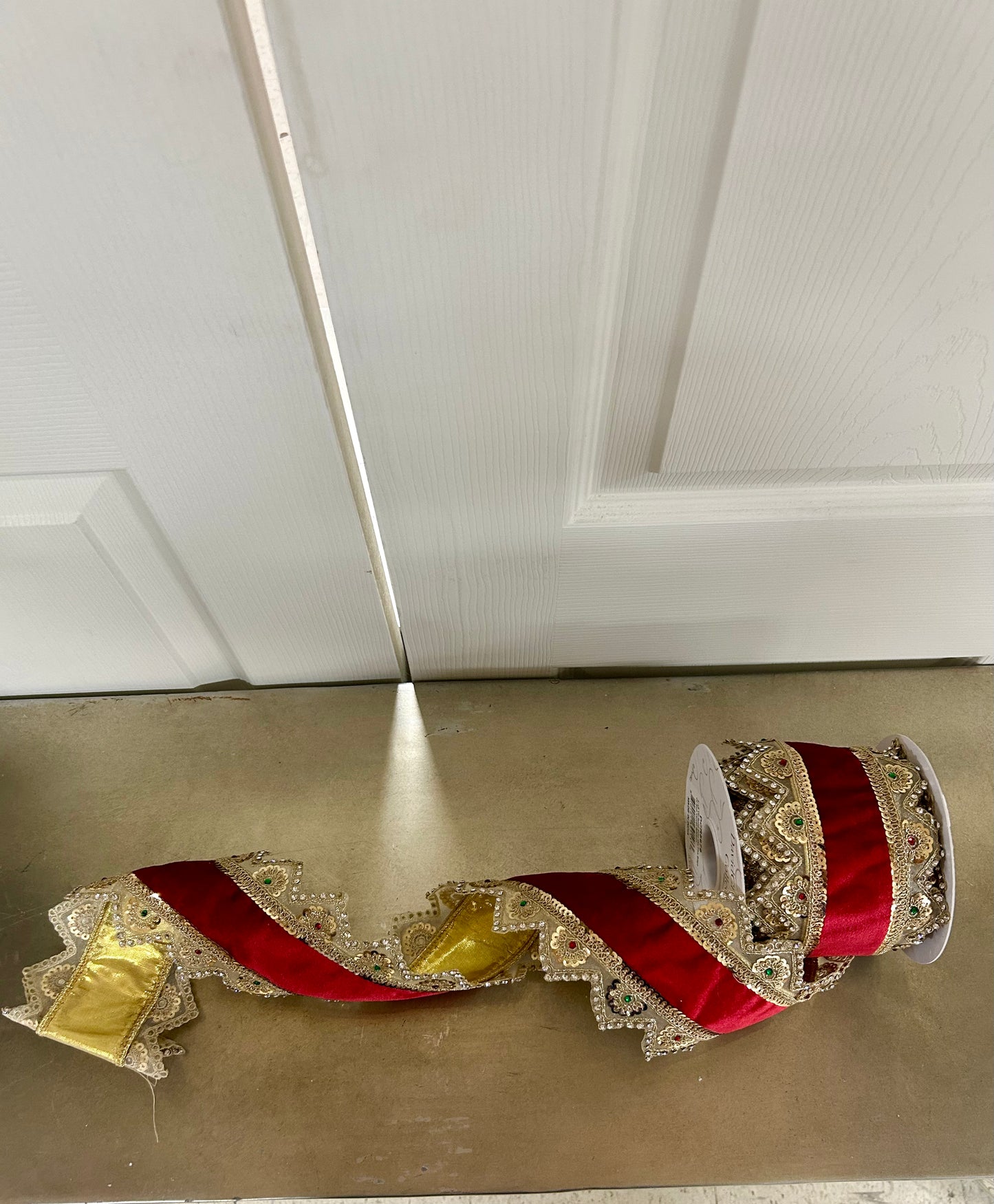 4 Inch By 5 Yard Gold Trim With Jewels On The Edge Of Red Ribbon