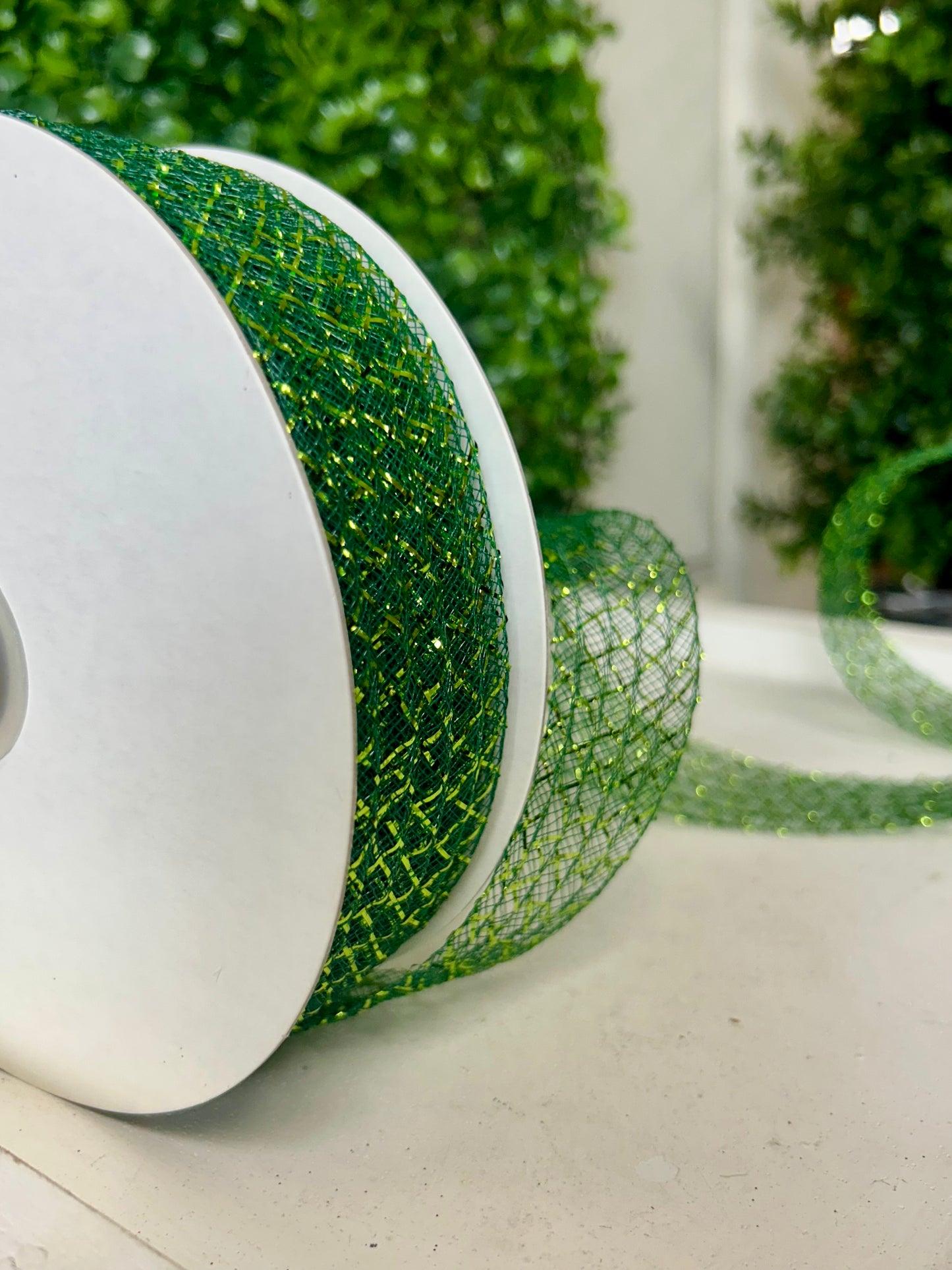 1.5 Inch By 30 Yard Dark Green With Lime Green Foil Deco Flex Ribbon