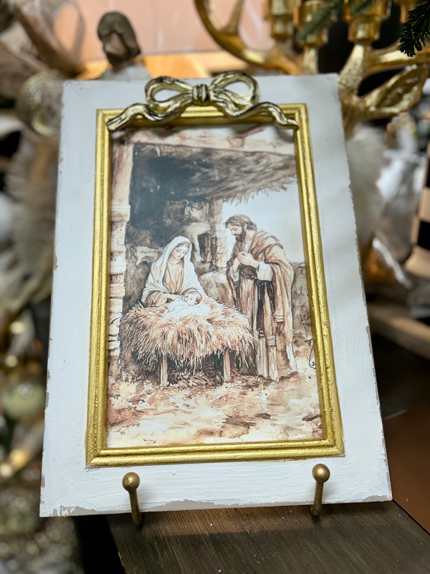 White And Gold Nativity Picture Frame With Bow
