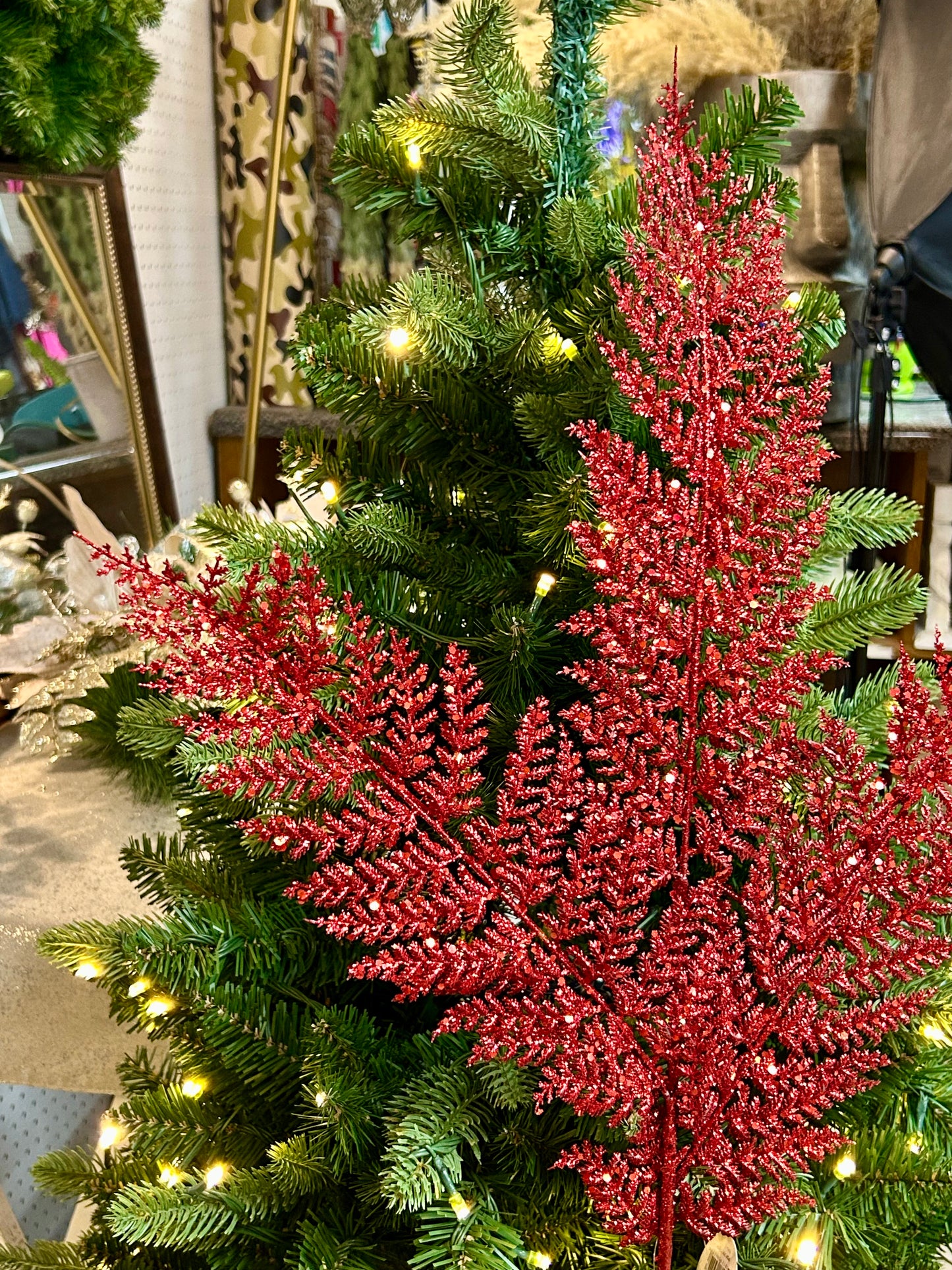 32 Inch Red Shimmery Glitter Fern Spray