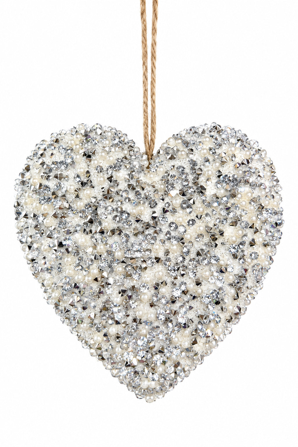 6 Inch Silver And White Beaded Heart Ornament