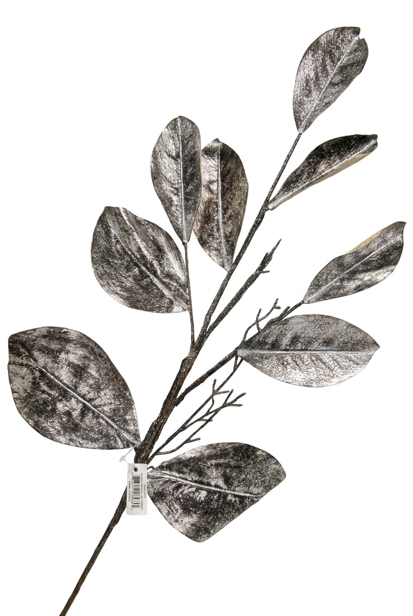 32 Inch Coffee And Silver Metallic Magnolia Leaf Spray
