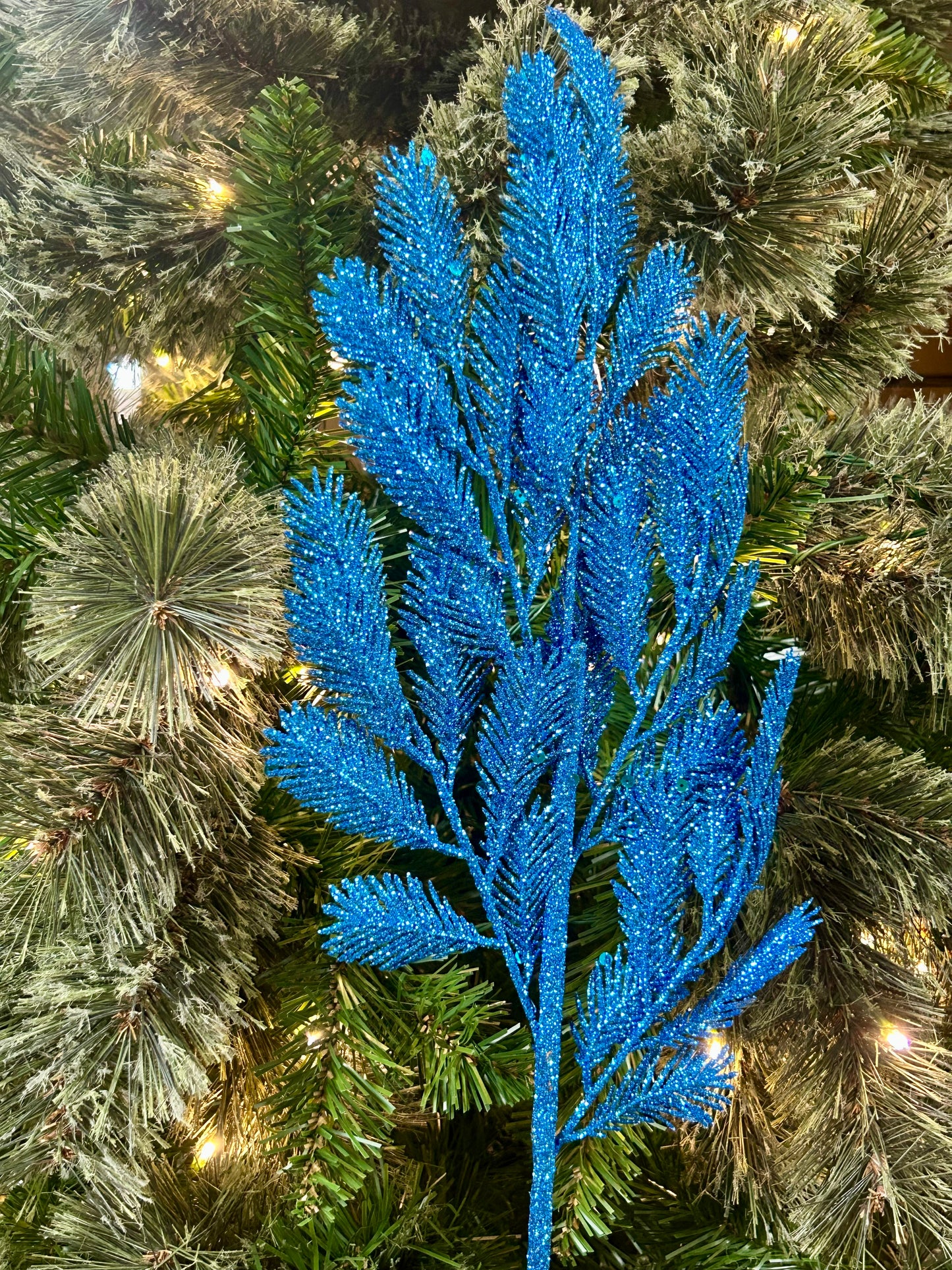24 Inch Blue Glitter Sequin Peacock Fern Spray
