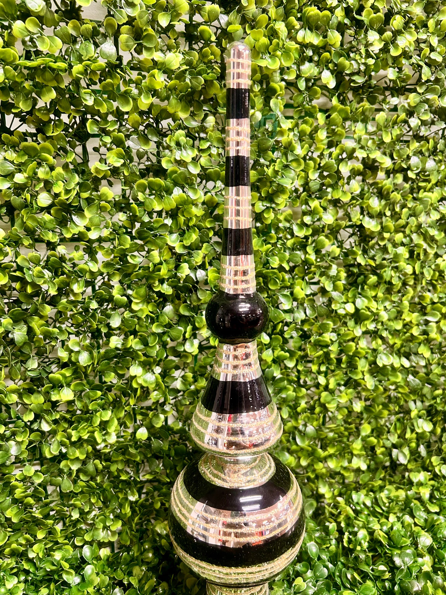 16 Inch Glittered Black And Silver Glass Finial