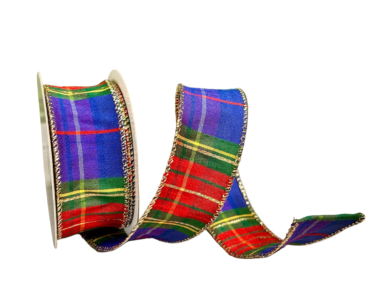 1.5 Inch By 10 Yard Royal Blue Green Red Yellow Dupioni Plaid Ribbon