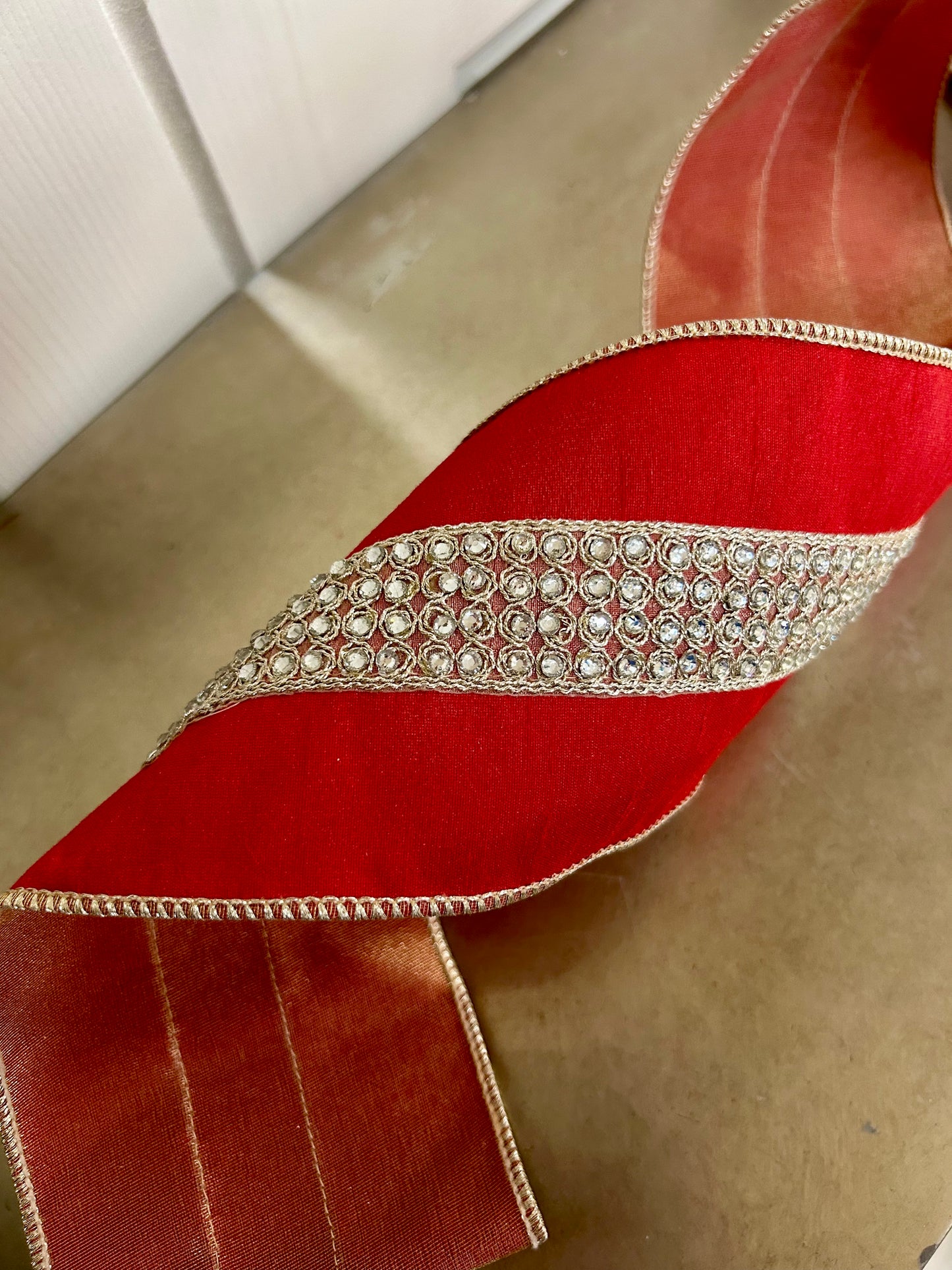 4 Inch By 10 Yard Red Faux Dupioni With Rhinestone Center Stripe Ribbon