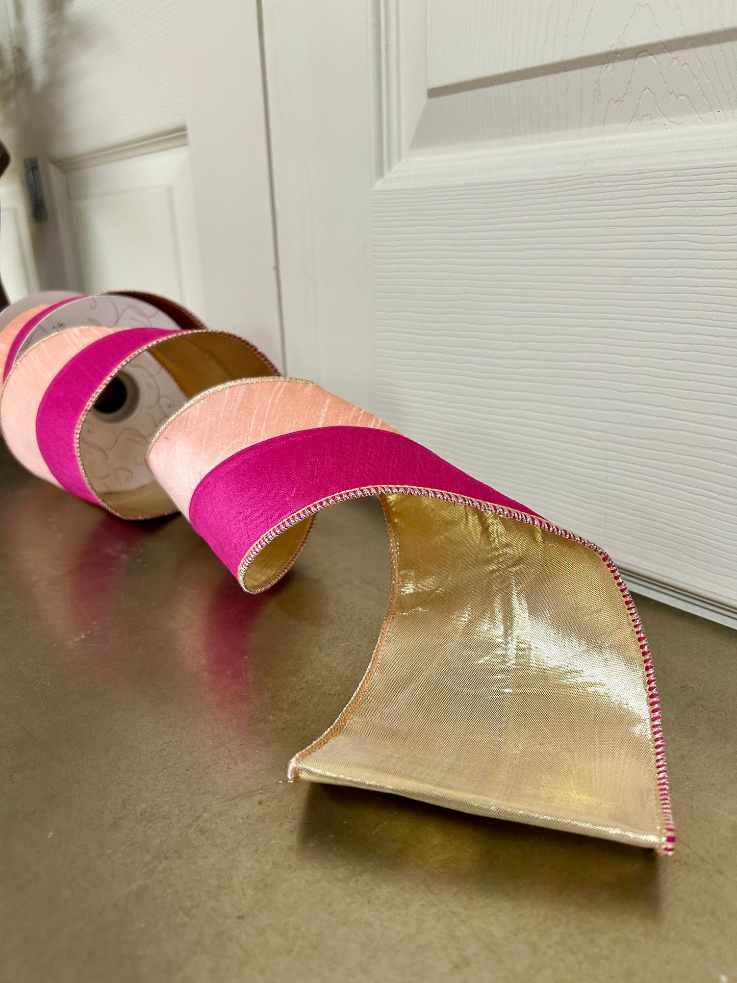 4 Inch By 10 Yard Pink And Light Pink With Gold Back Dupioni Ribbon