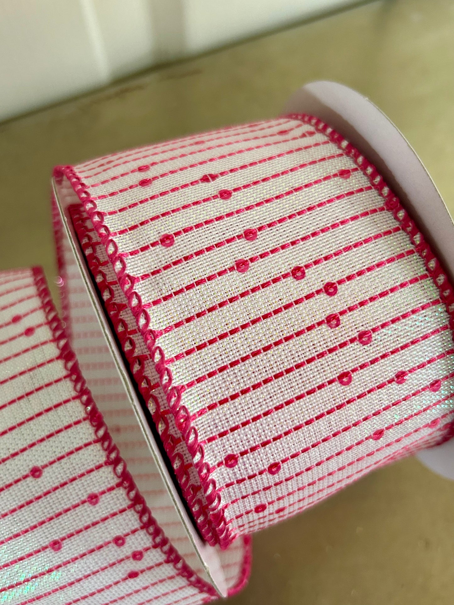 2.5 Inch By 10 Yard White Iridescent Fuchsia Woven Sequin Stripe Ribbon
