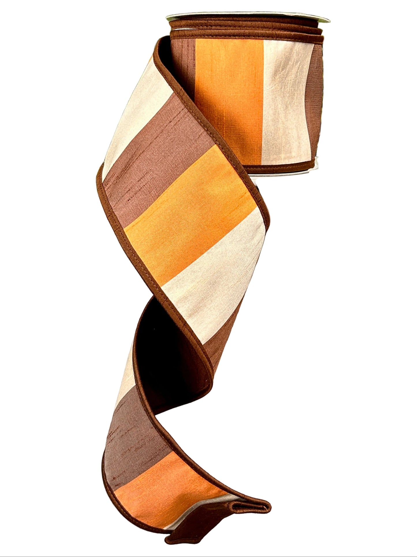 John Mark 4 Inch By 10 Yard Brown Cream Orange Dupioni Block Striped Ribbon
