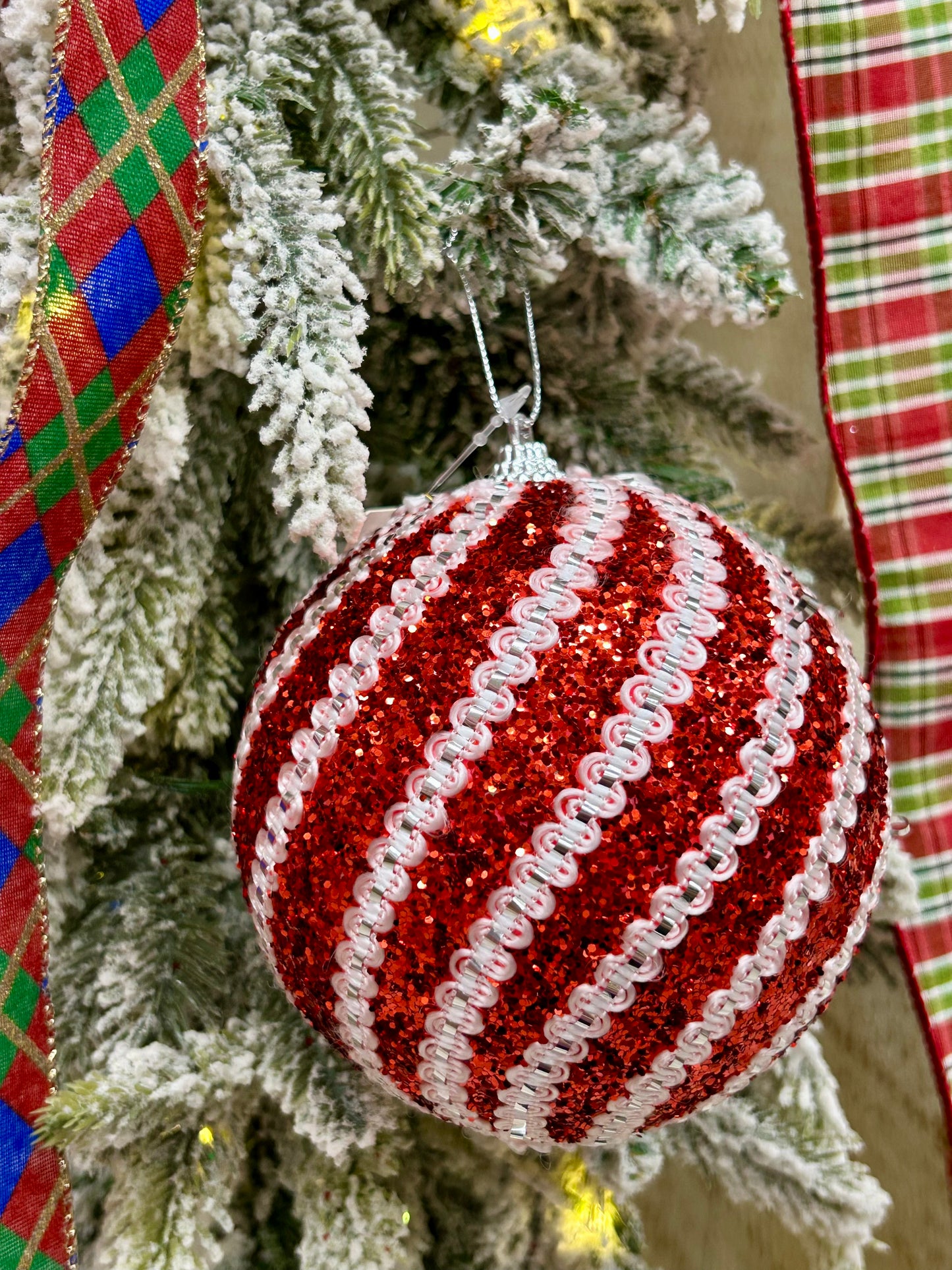 5 Inch Red And White Sequin Ball Ornament